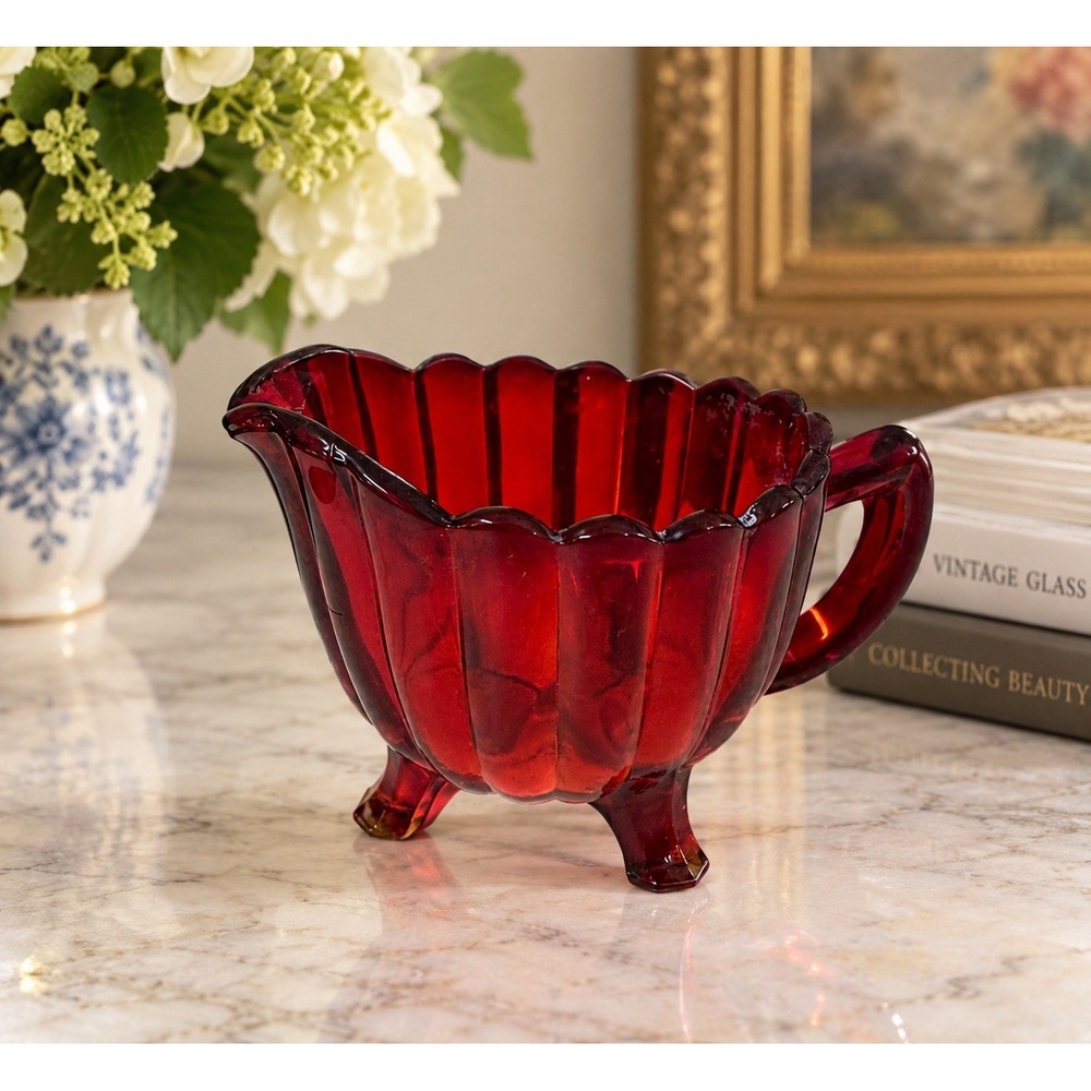 Vintage Imperial Pillar Flute Ruby Red Glass 3 Footed Creamer 6oz